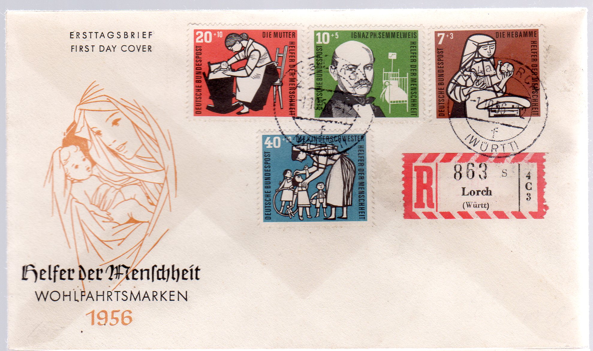 FDC Helfer der Menschheit 1956 · Philatelieversand Heinemann
