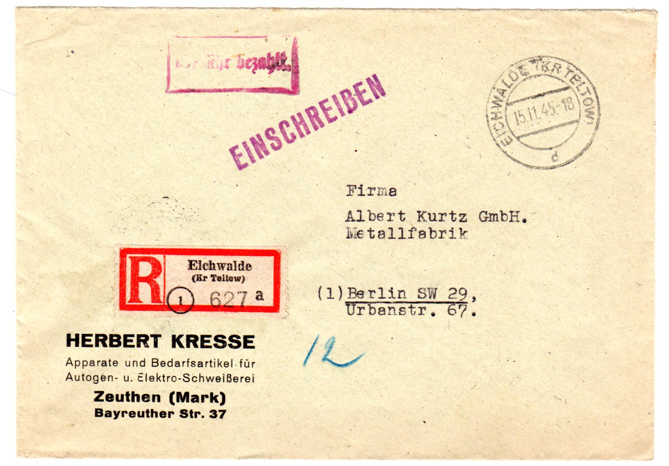 Eichwalde Gebübr Bezahlt Kasten In Rot Auf Eingeschriebener Brief