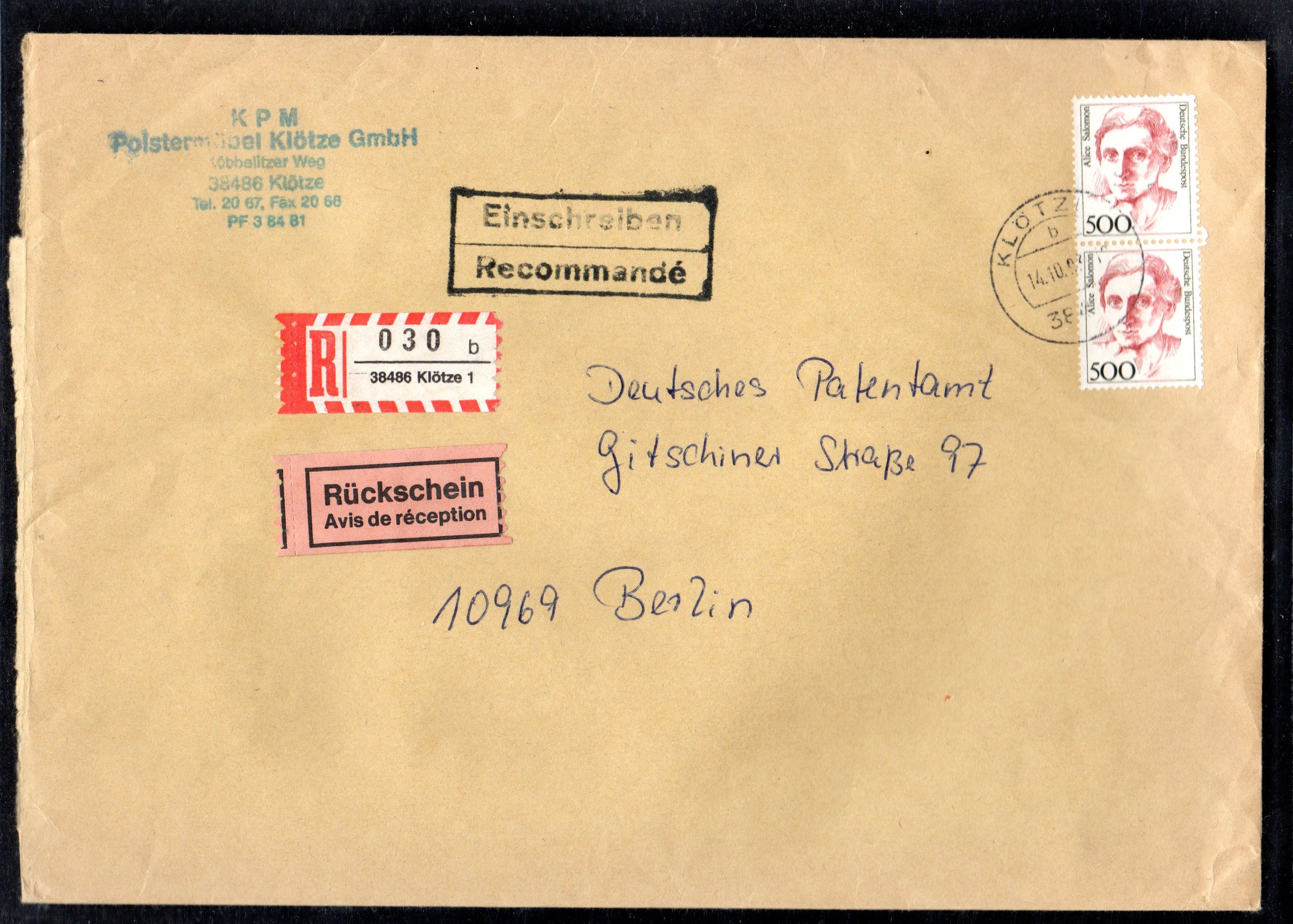 Bund, EingeschriebenerFernbrief mit Rückschein MeF. Mi.Nr. 1397 · Philatelieversand Heinemann